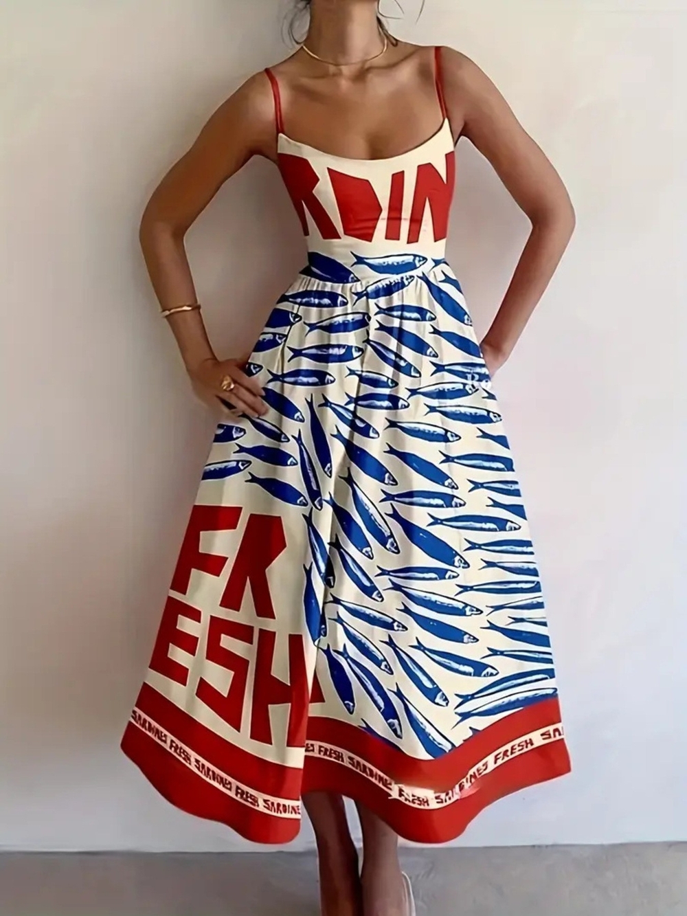 Graphic Spaghetti-Strap Midi Dress in White, Red & Blue